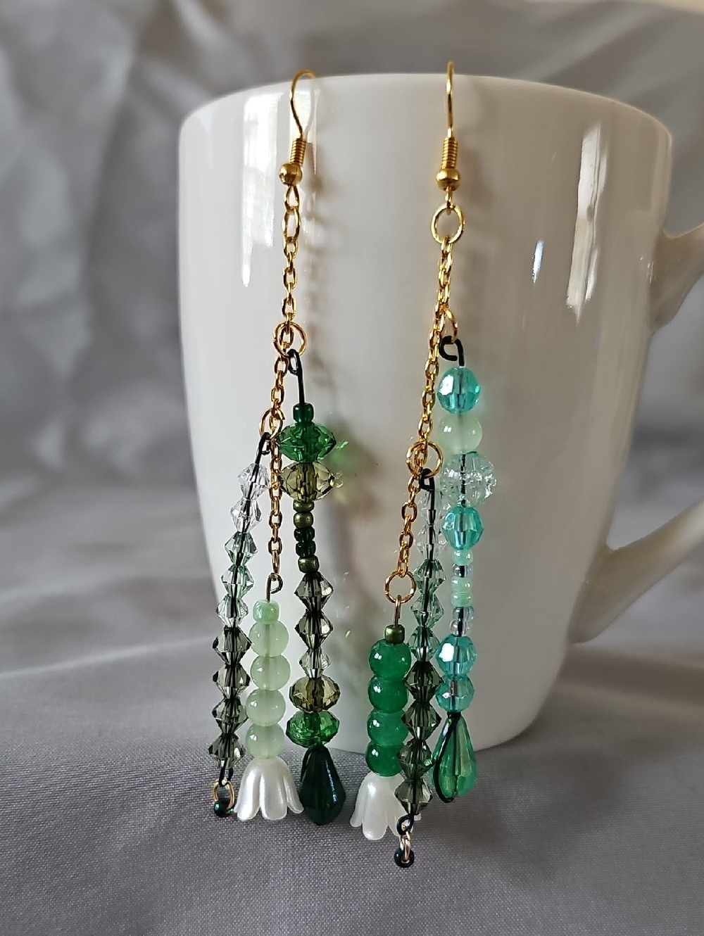Asymmetrical Green Beaded Dangle Earrings